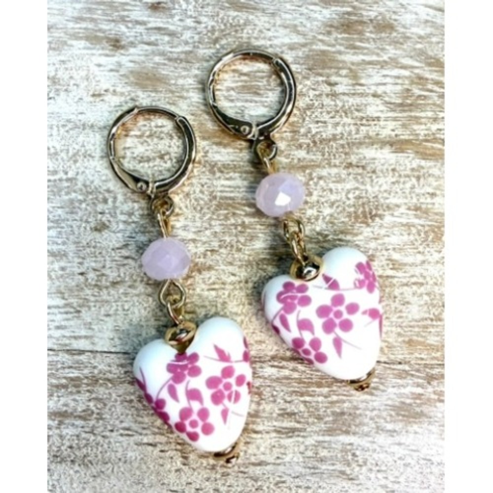 Pink Heart Drop Earrings Coquette‎ Floral Glass Gold Hoop Huggie Earrings